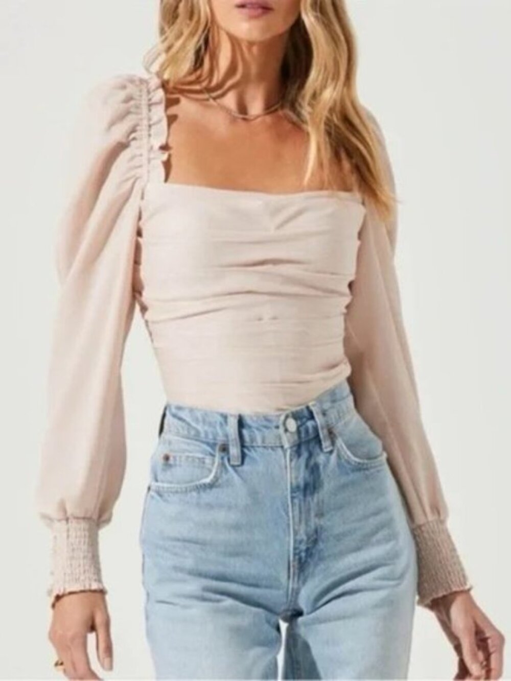 Astr The Label Blush Pink Ruched Square Neck Puff Sleeve Top. Size L.